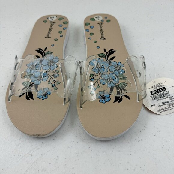 Sole Selection Women's Sandals Beige w/ Blue Glittery Flowers Small 5/6  (37) - Picture 1 of 5